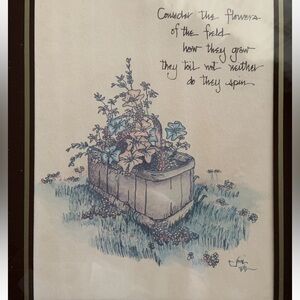 Rare Vintage Joni Eareckson Original Framed Print “Picnic Flowers” 15”x 13”